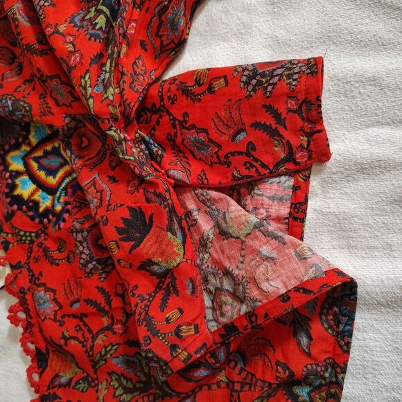 Farm Rio One Shoulder Puff Sleeve Boho Crop Top Red Paisley Floral Embroidered S - Picture 12 of 13